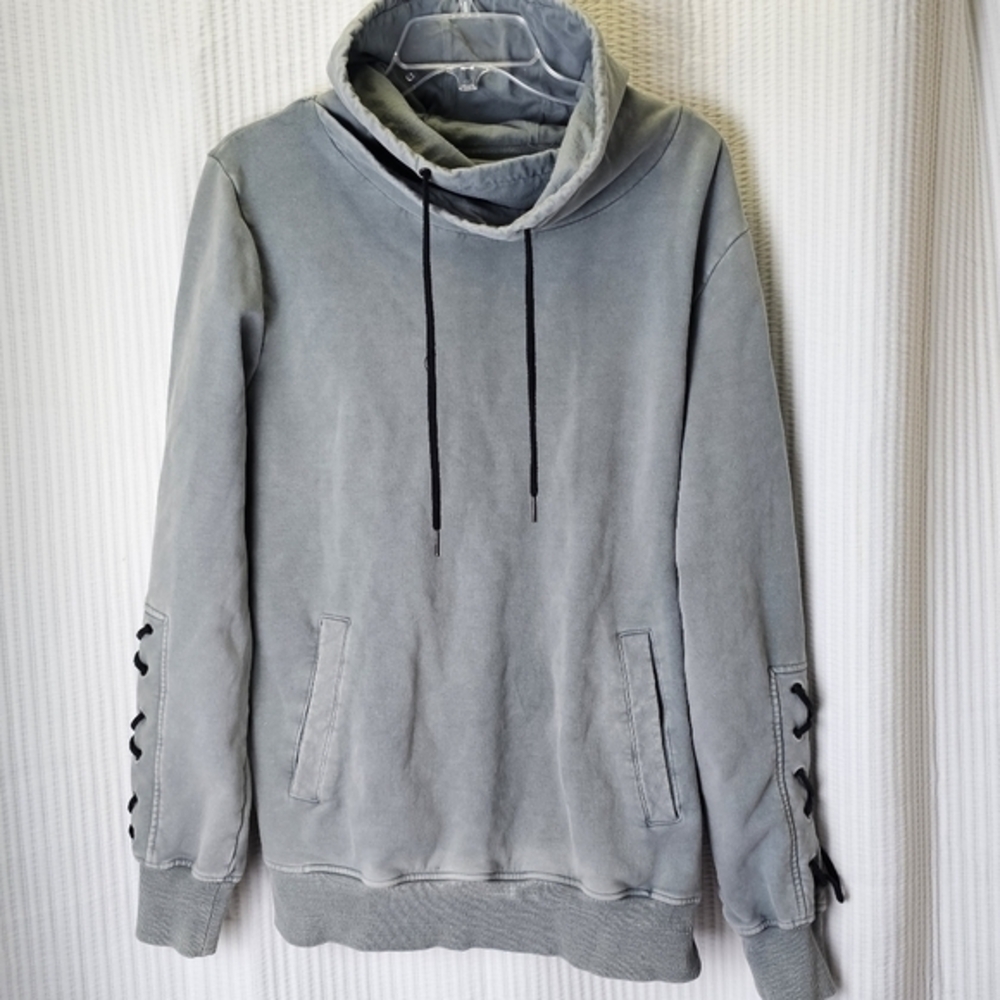 Nana‎ Judy Small Men's Cowl Neck Hoodie Pullover Gray Shoe Lace Sleeve Oversized